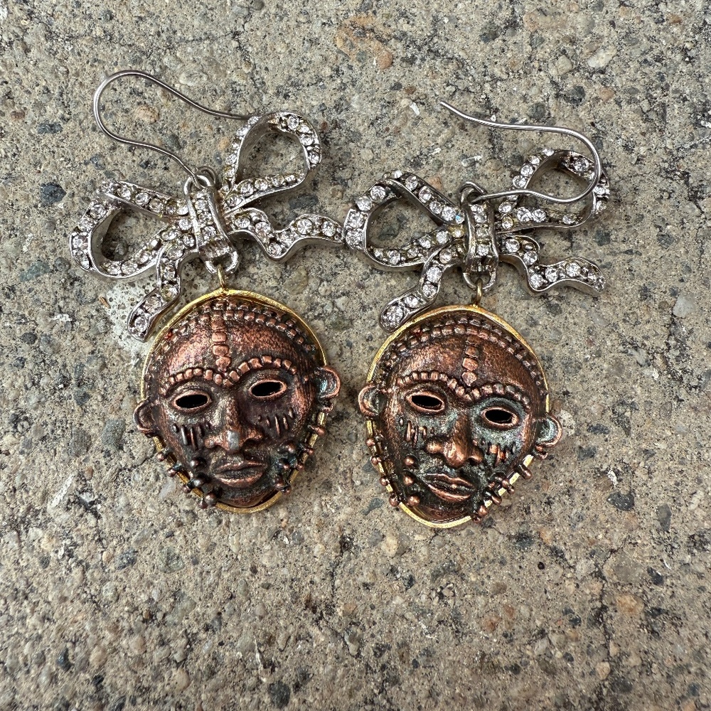 Vivienne Westwood Ornate Vintage African Mask Earrings w/ Hands and Ribbon - Picture 1 of 4
